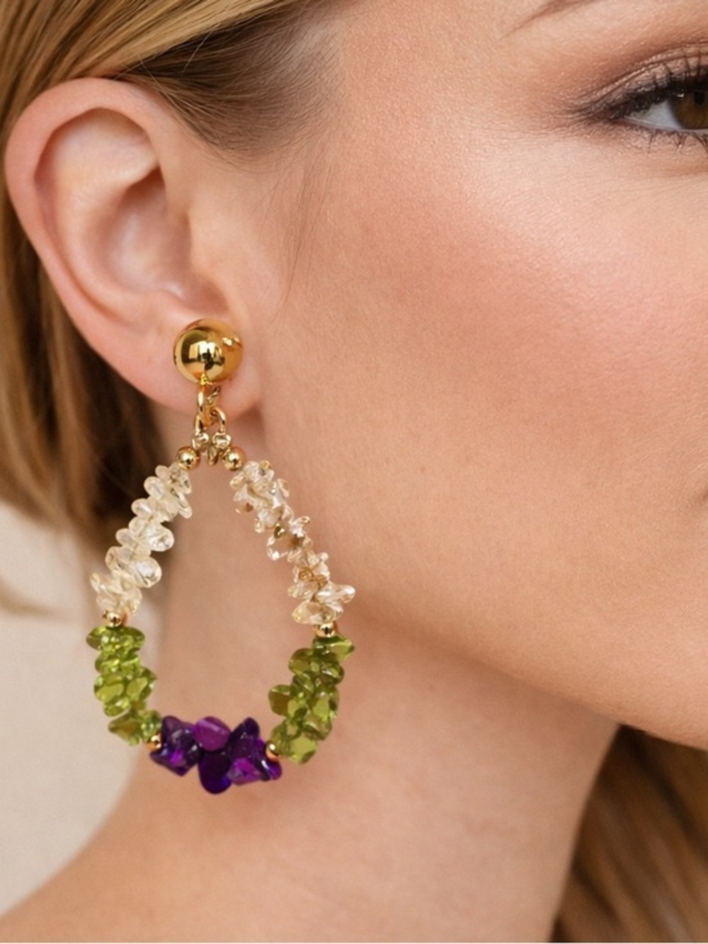 Vintage Gold Tone Multicolor Gemstone Hoop Clip On Earrings